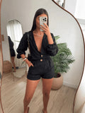 Conjunto Feminino Linho Manga LONGA Shorts e Camisa