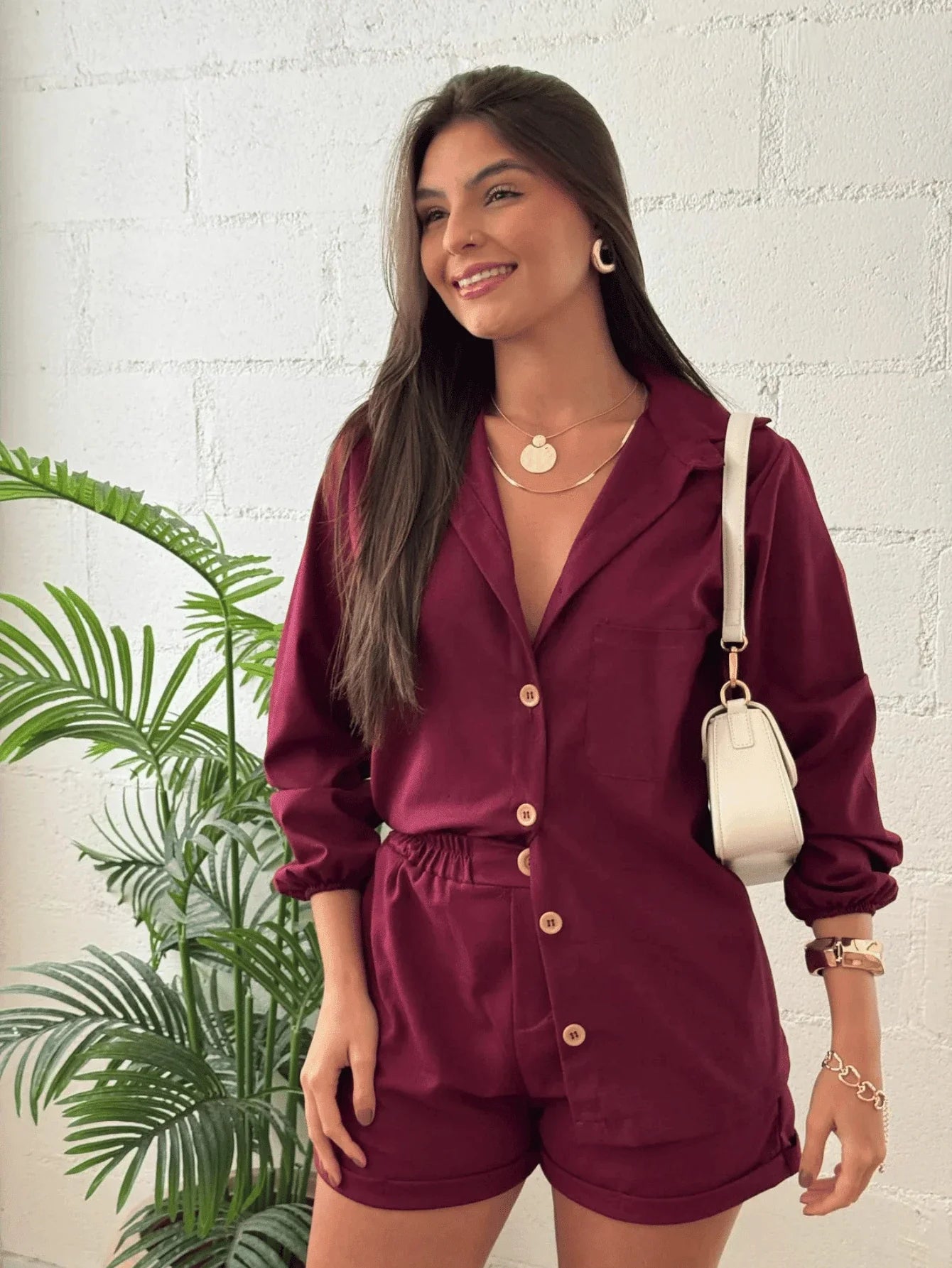 Conjunto Feminino Linho Manga LONGA Shorts e Camisa