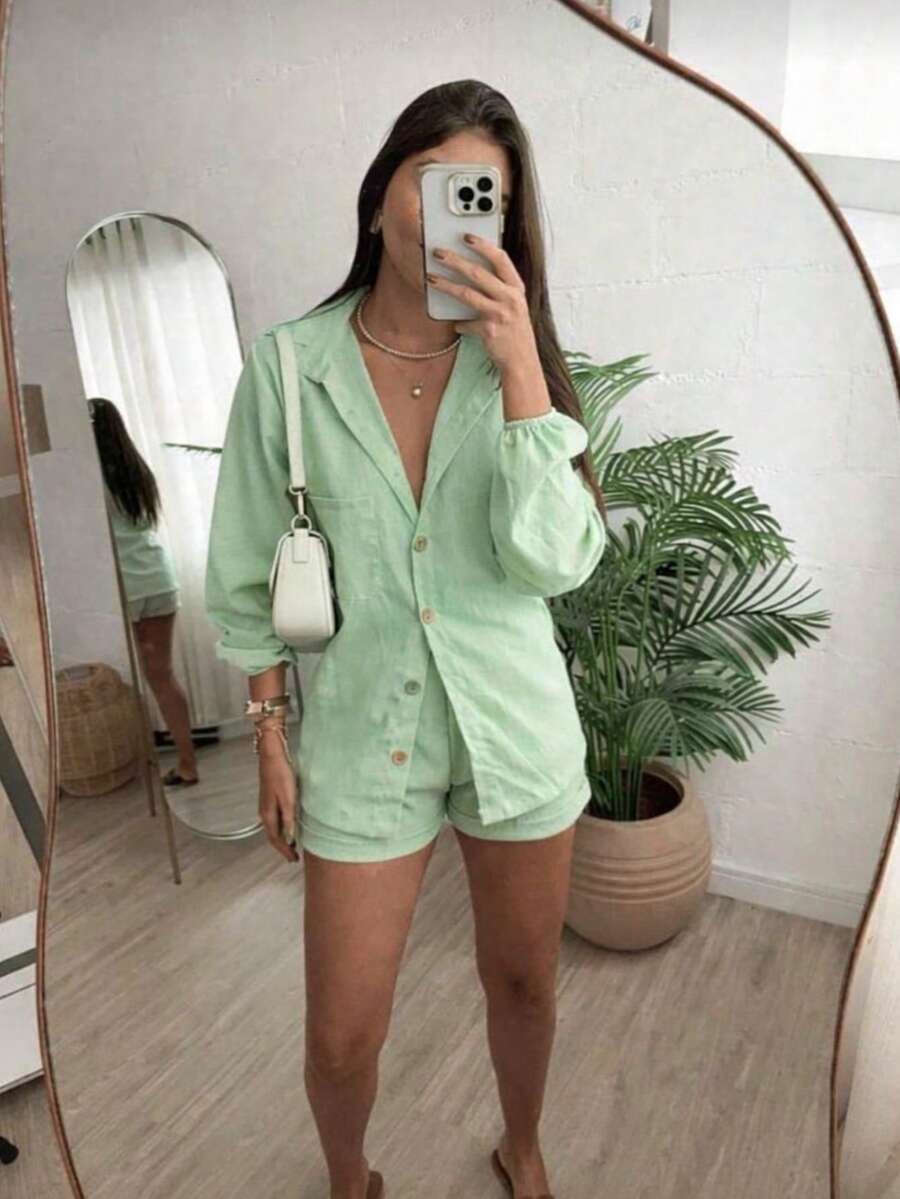 Conjunto Feminino Linho Manga LONGA Shorts e Camisa