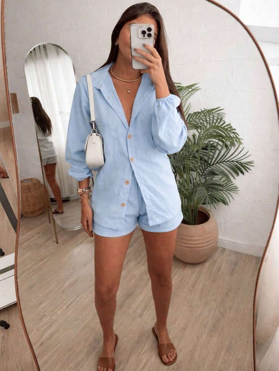 Conjunto Feminino Linho Manga LONGA Shorts e Camisa