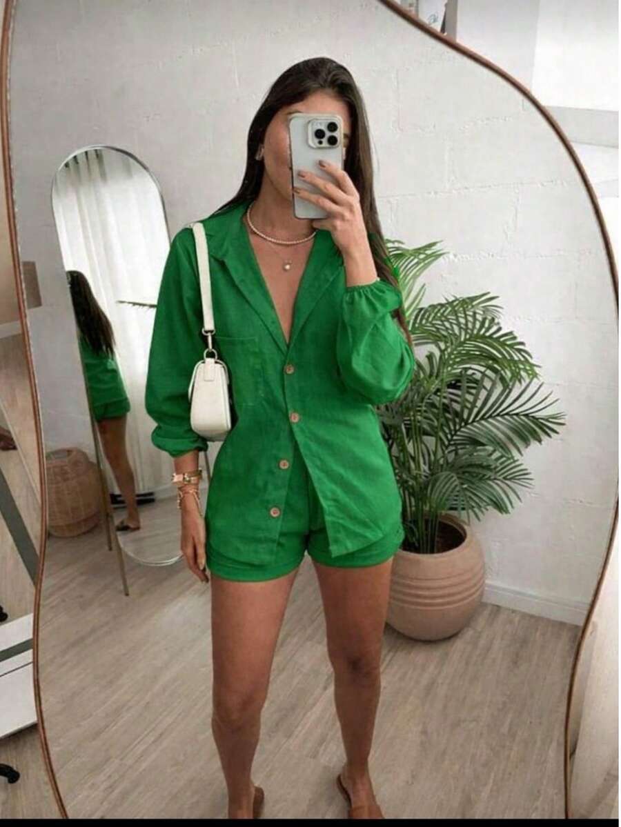 Conjunto Feminino Linho Manga LONGA Shorts e Camisa