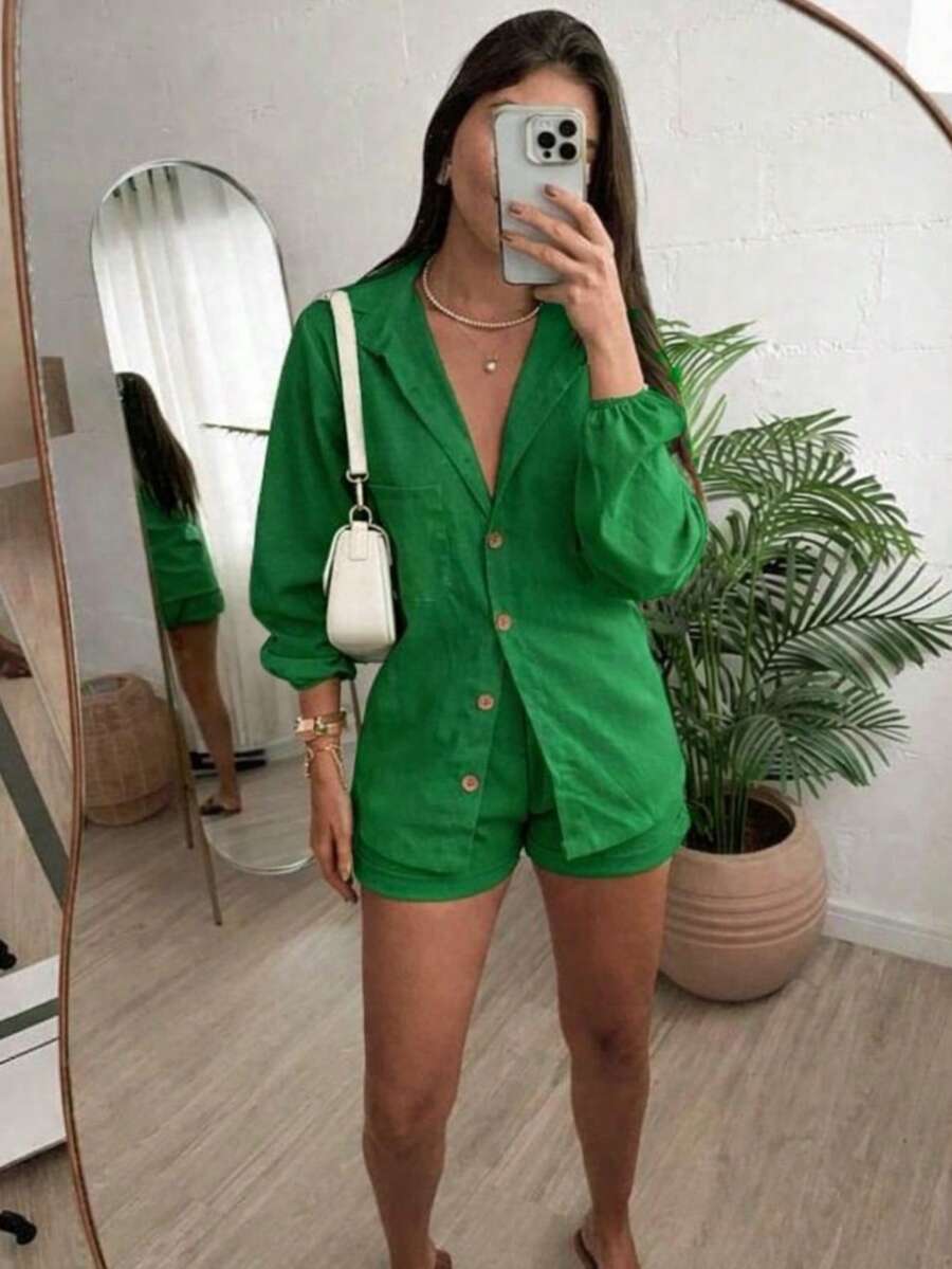 Conjunto Feminino Linho Manga LONGA Shorts e Camisa