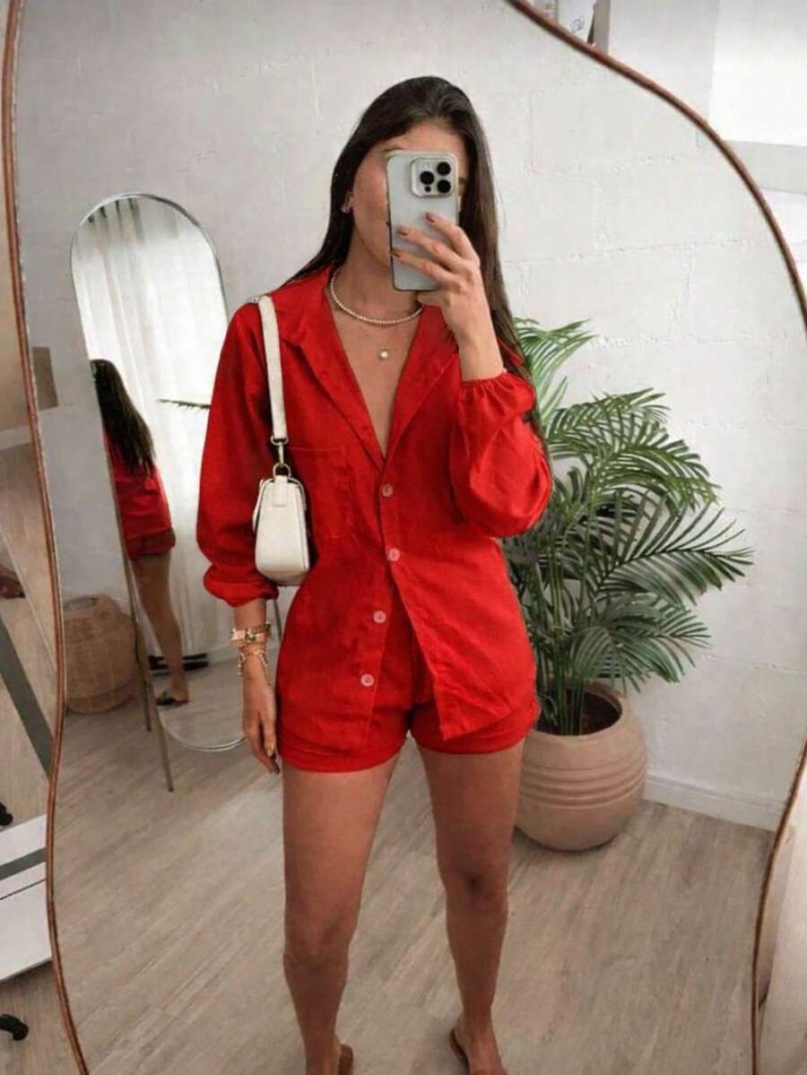Conjunto Feminino Linho Manga LONGA Shorts e Camisa