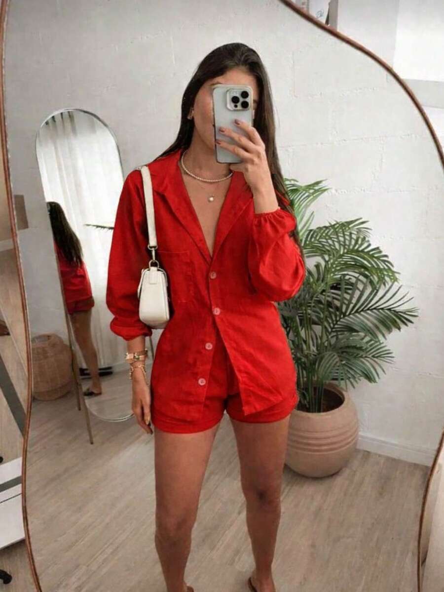 Conjunto Feminino Linho Manga LONGA Shorts e Camisa