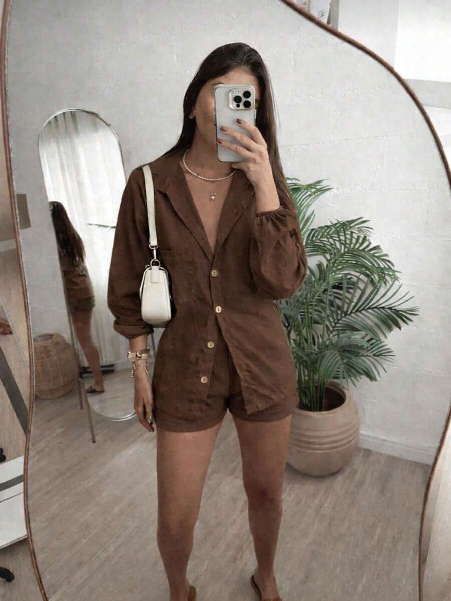 Conjunto Feminino Linho Manga LONGA Shorts e Camisa