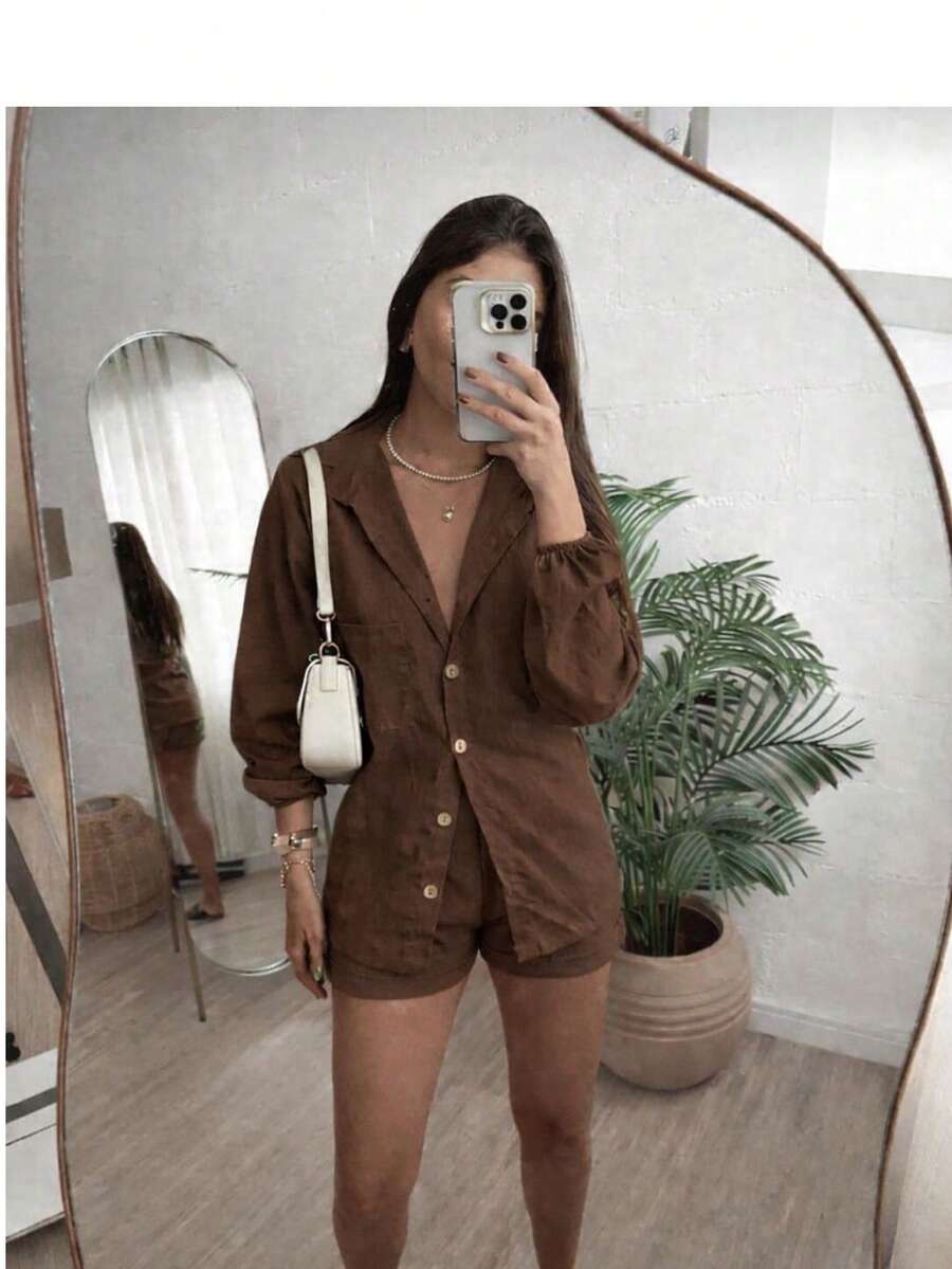 Conjunto Feminino Linho Manga LONGA Shorts e Camisa