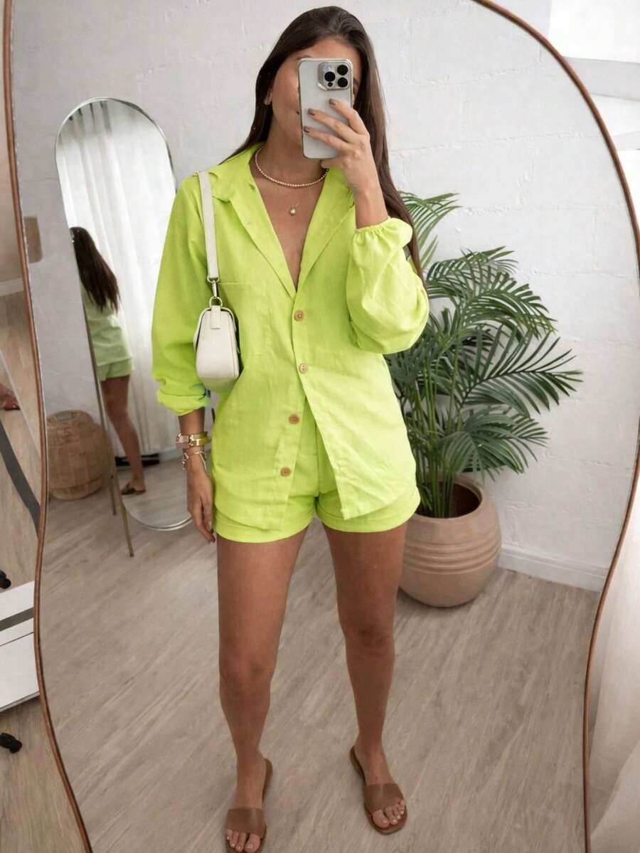Conjunto Feminino Linho Manga LONGA Shorts e Camisa