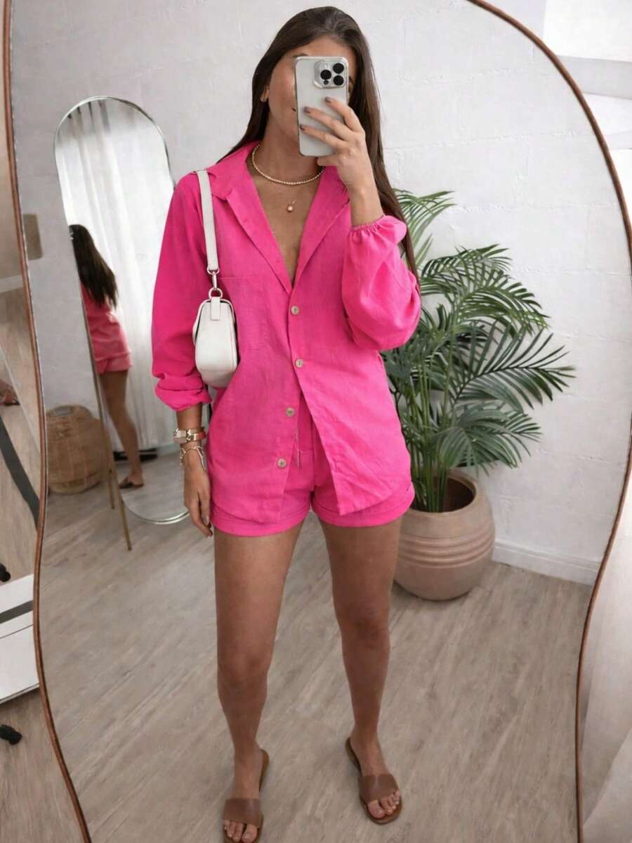 Conjunto Feminino Linho Manga LONGA Shorts e Camisa
