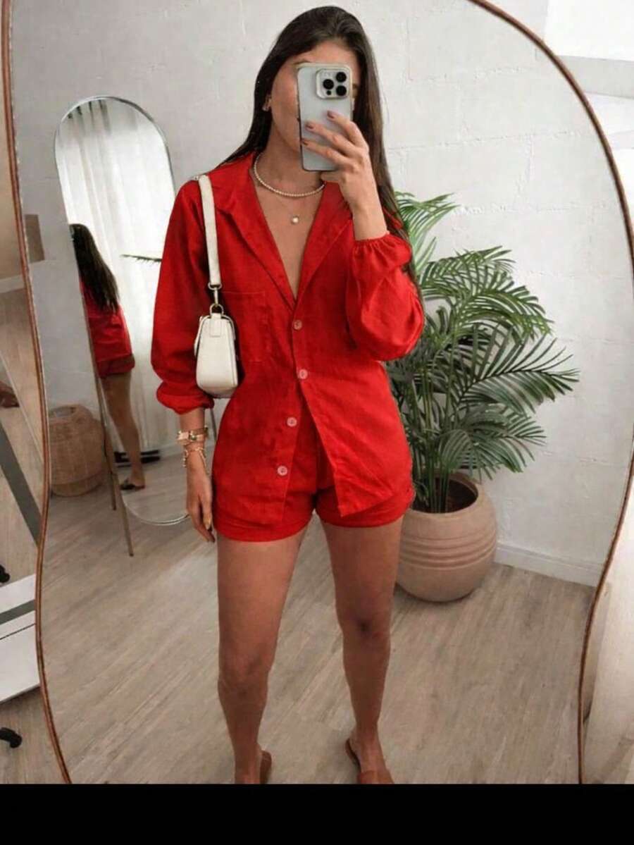 Conjunto Feminino Linho Manga LONGA Shorts e Camisa