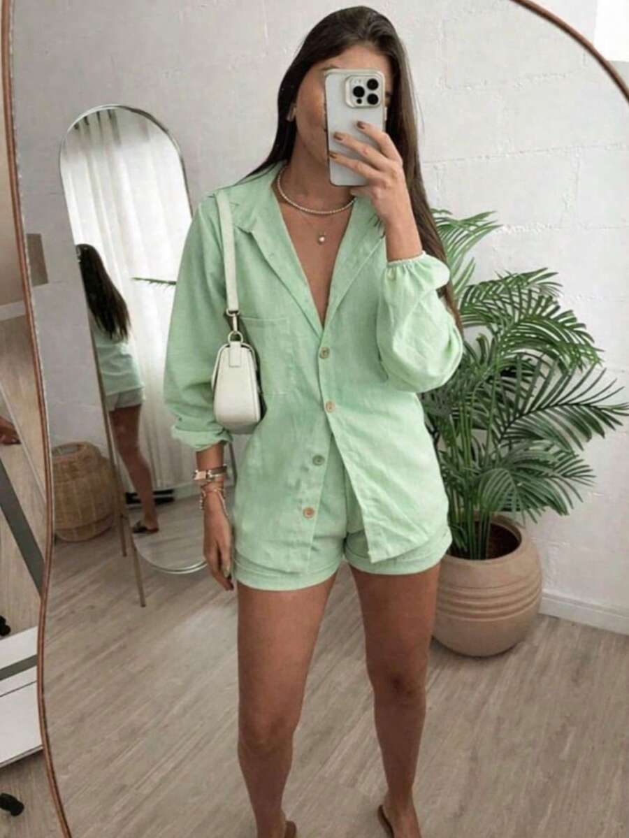 Conjunto Feminino Linho Manga LONGA Shorts e Camisa