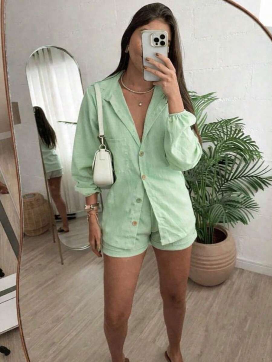 Conjunto Feminino Linho Manga LONGA Shorts e Camisa