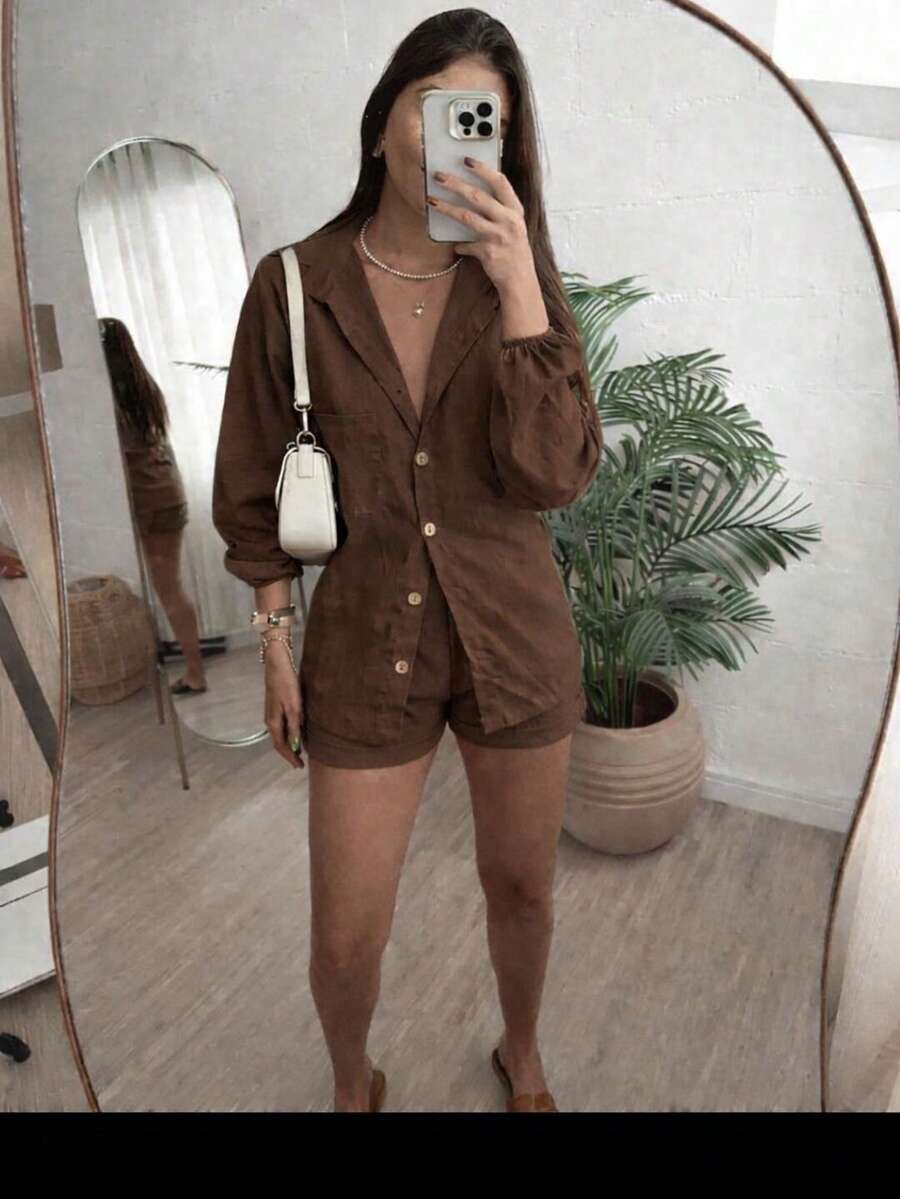 Conjunto Feminino Linho Manga LONGA Shorts e Camisa